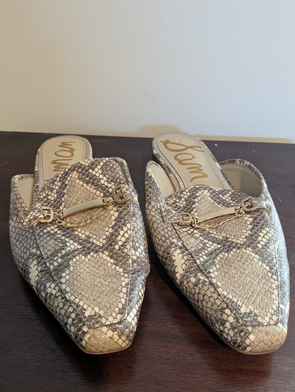 Sam Edelman Beige Snake-Print Slip-On Mules with Gold Hardware Sz 8.5